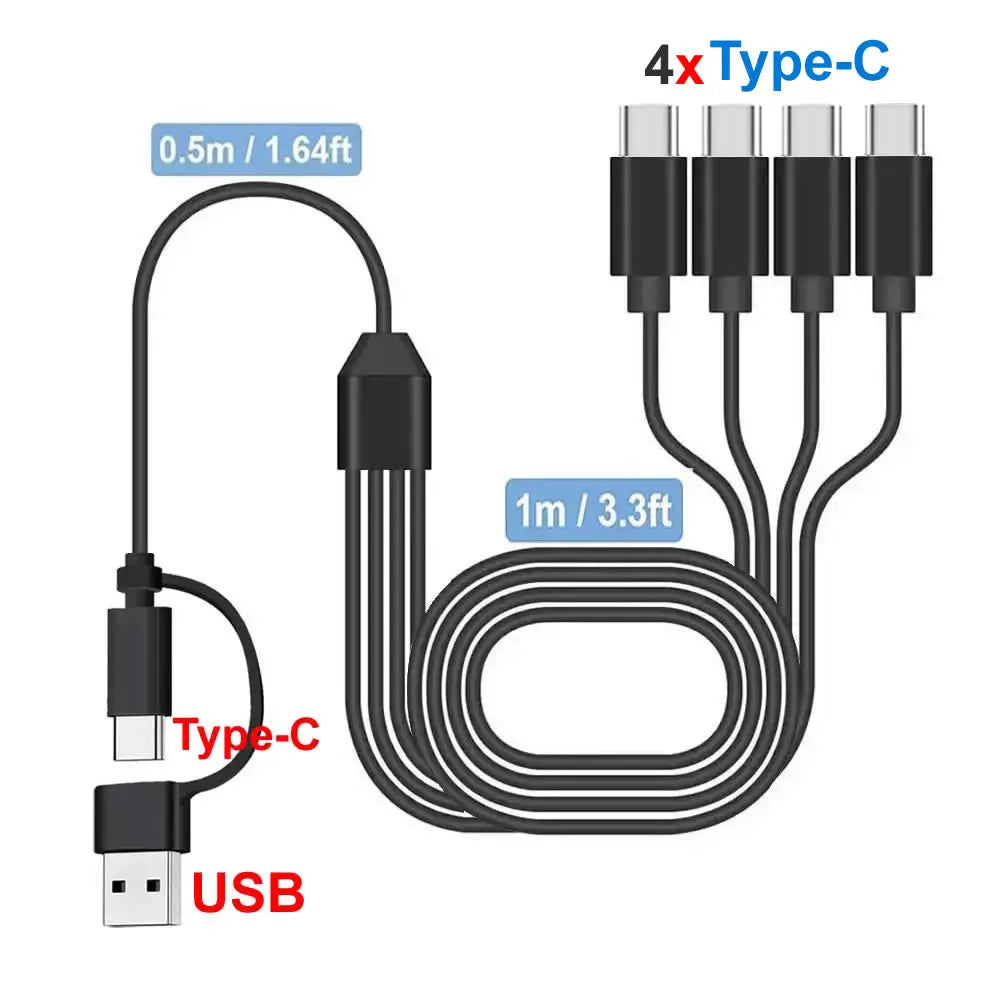 USB C Multi-Charging Splitter Cable with USB A/C to Type C Connectivity and Four Type-C Connectors for Mobile Devices and Tablets