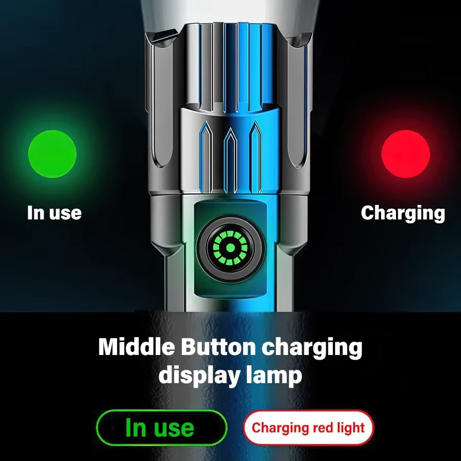High-Power 2000LM Tactical LED Flashlight with Display Light and USB Charging for Camping, Fishing, and Emergency Use