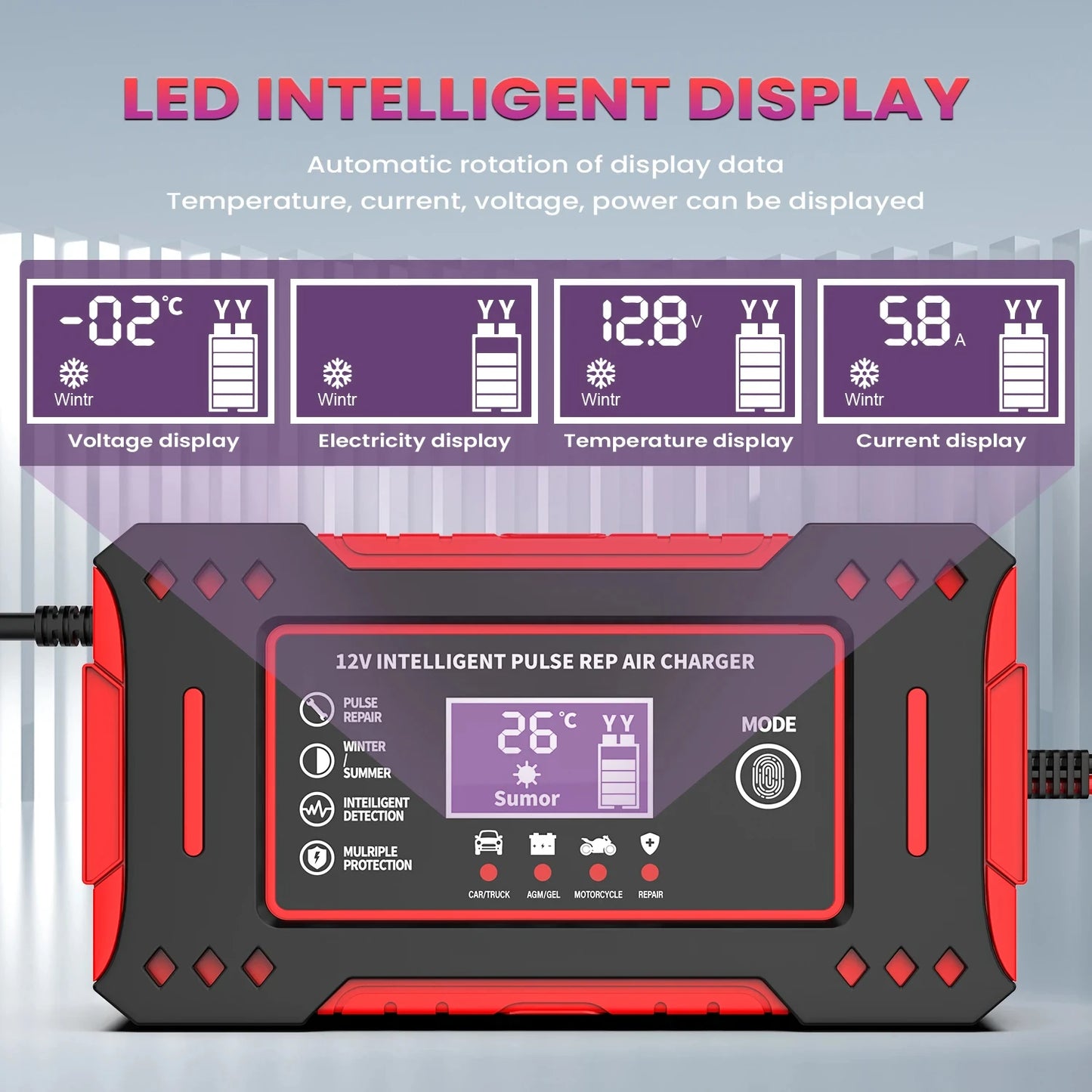 12V Intelligent Car and Motorcycle Battery Charger with LCD Display for Lead-Acid Battery Maintenance and Repair