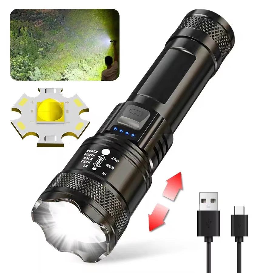 High-Power 2000LM Tactical LED Flashlight with Display Light and USB Charging for Camping, Fishing, and Emergency Use