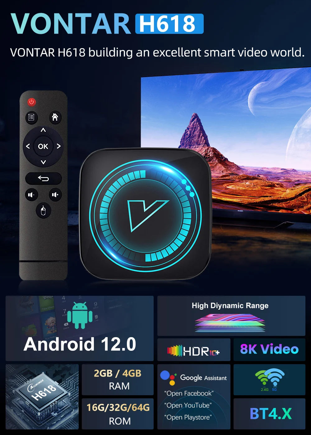 H618 Smart TV Box - Android 12, Allwinner Quad-Core Cortex A53, Supports 8K Video, WiFi, Google Voice, Media Player, Set-Top Box
