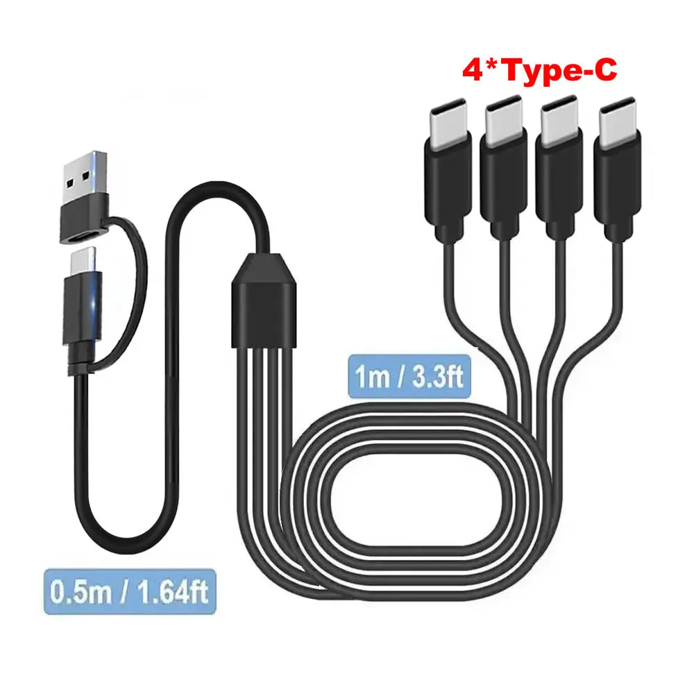 USB C Multi-Charging Splitter Cable with USB A/C to Type C Connectivity and Four Type-C Connectors for Mobile Devices and Tablets