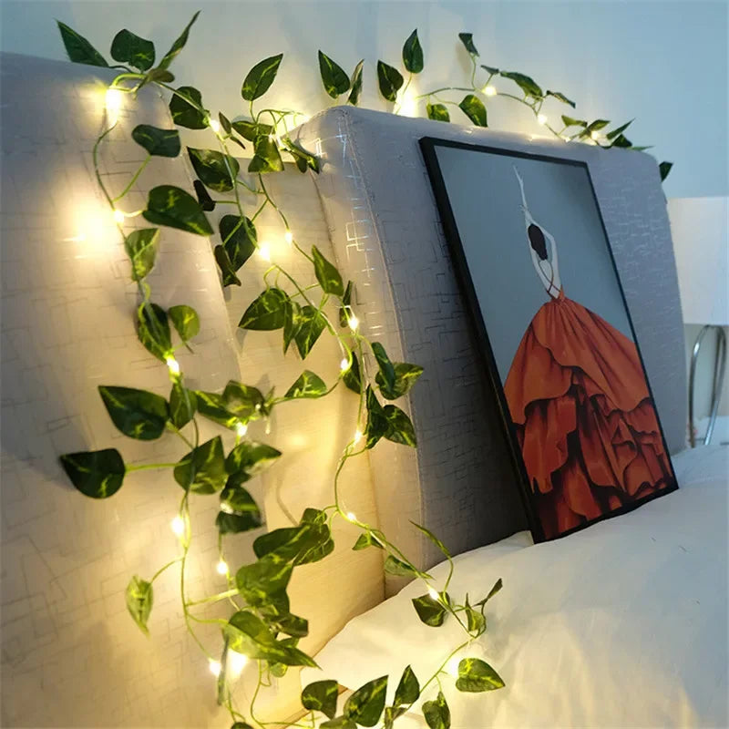 Artificial Flower and Green Leaf String Lights - Battery-Powered Fairy Lights for Home Decor and Wedding Garland