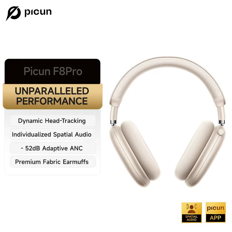 F8 Pro Active Noise Cancelling Wireless Headphones with Head Tracking 3D Spatial Audio, -52dB ANC, Hi-Fi Bluetooth, ENC HD Microphone, and Low Latency App