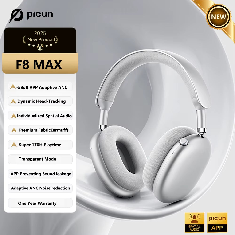 F8 Pro Active Noise Cancelling Wireless Headphones with Head Tracking 3D Spatial Audio, -52dB ANC, Hi-Fi Bluetooth, ENC HD Microphone, and Low Latency App