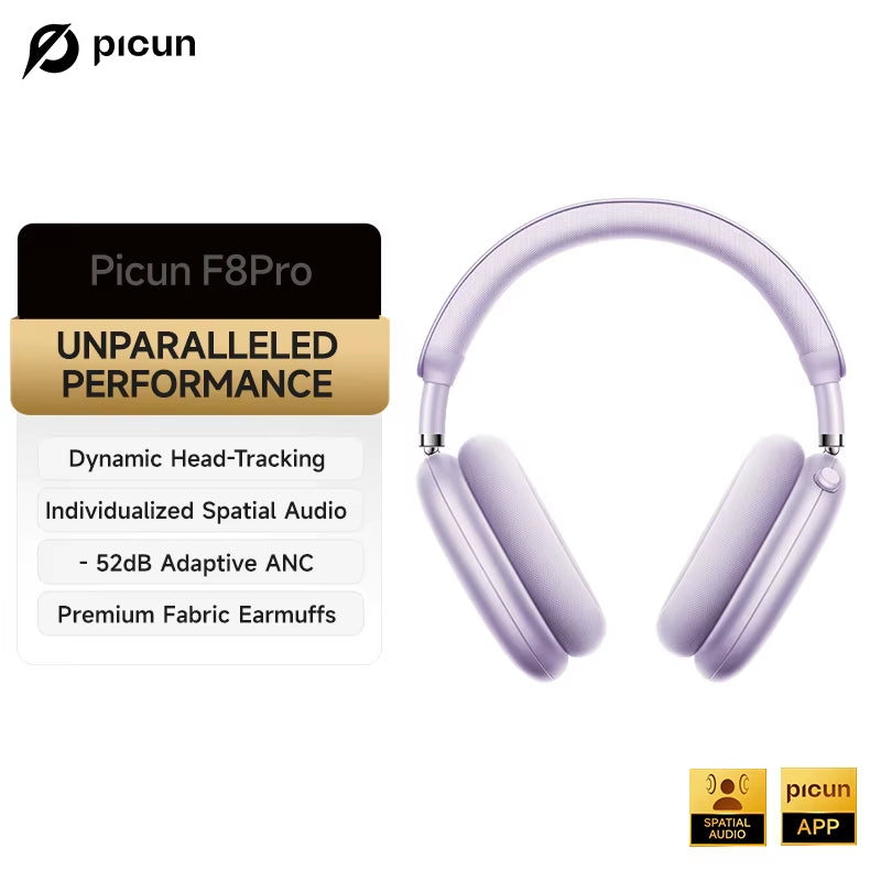 F8 Pro Active Noise Cancelling Wireless Headphones with Head Tracking 3D Spatial Audio, -52dB ANC, Hi-Fi Bluetooth, ENC HD Microphone, and Low Latency App