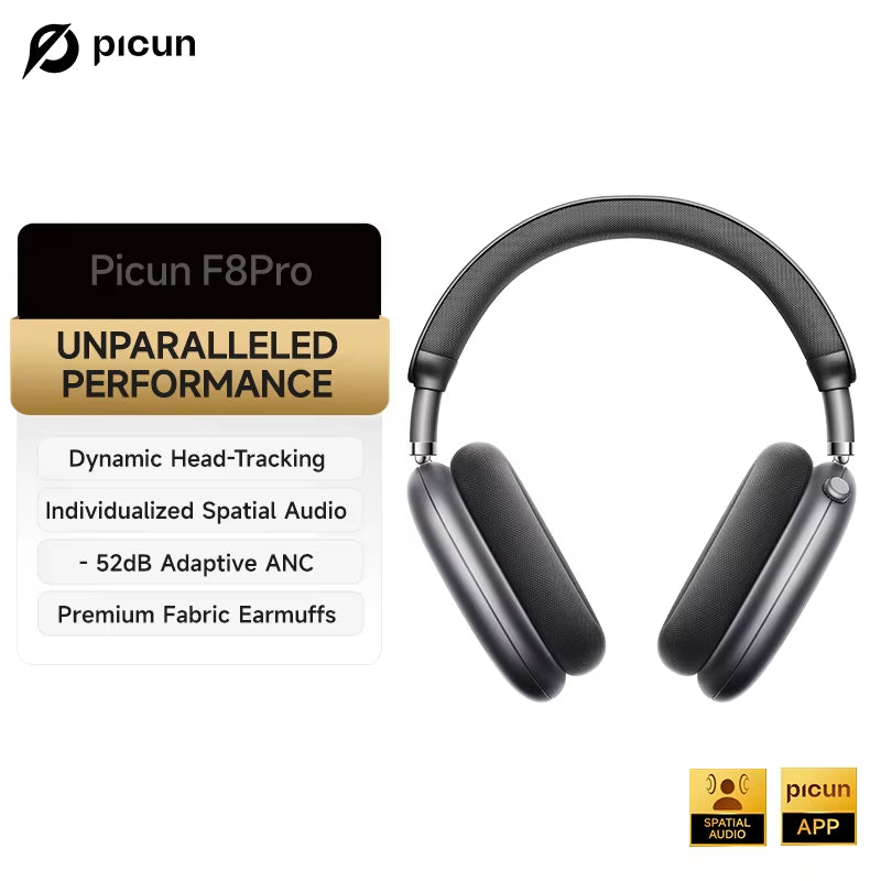 F8 Pro Active Noise Cancelling Wireless Headphones with Head Tracking 3D Spatial Audio, -52dB ANC, Hi-Fi Bluetooth, ENC HD Microphone, and Low Latency App