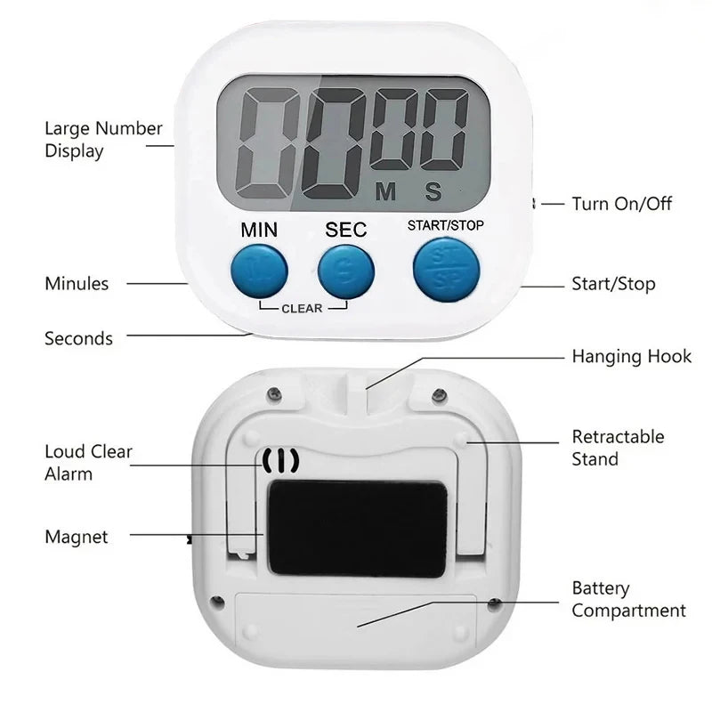 LCD Digital Kitchen Timer with Magnetic Backing - Large Countdown and Count-Up Functionality with Clear Loud Alarm - Stonego Home Kitchen Accessory