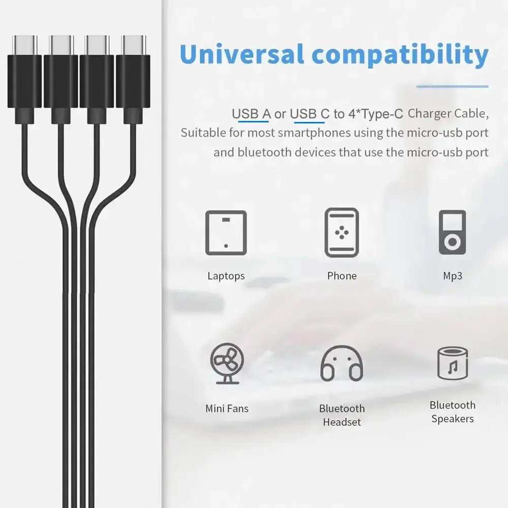 USB C Multi-Charging Splitter Cable with USB A/C to Type C Connectivity and Four Type-C Connectors for Mobile Devices and Tablets