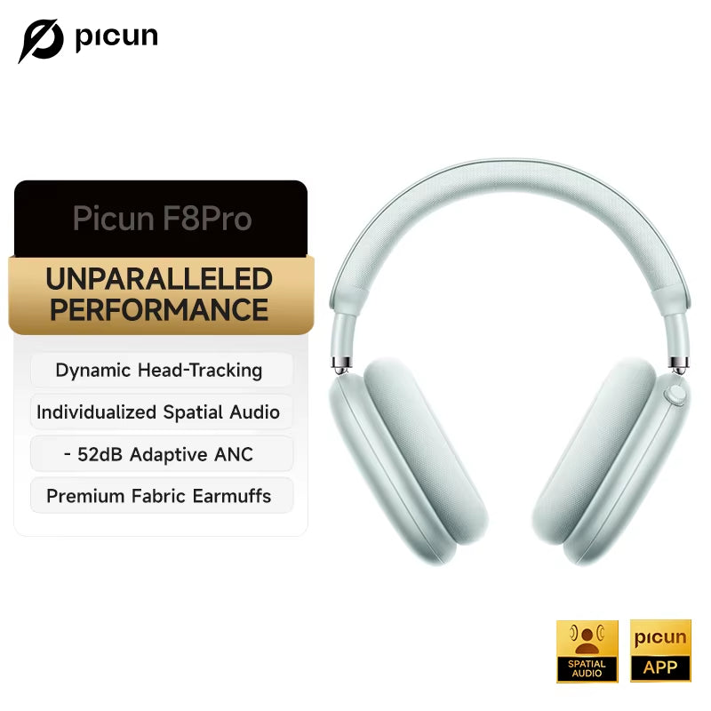 F8 Pro Active Noise Cancelling Wireless Headphones with Head Tracking 3D Spatial Audio, -52dB ANC, Hi-Fi Bluetooth, ENC HD Microphone, and Low Latency App
