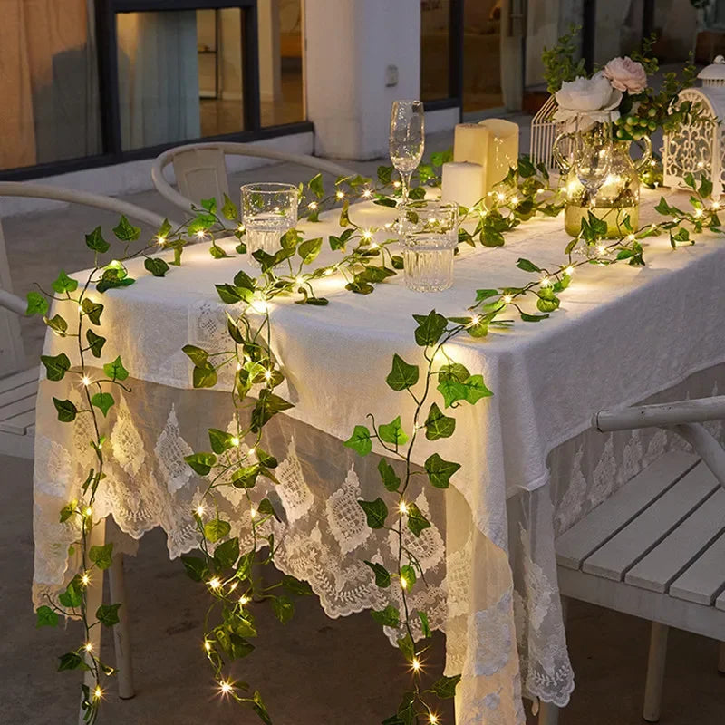 Artificial Flower and Green Leaf String Lights - Battery-Powered Fairy Lights for Home Decor and Wedding Garland