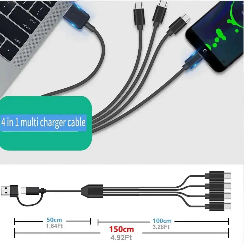 USB C Multi-Charging Splitter Cable with USB A/C to Type C Connectivity and Four Type-C Connectors for Mobile Devices and Tablets