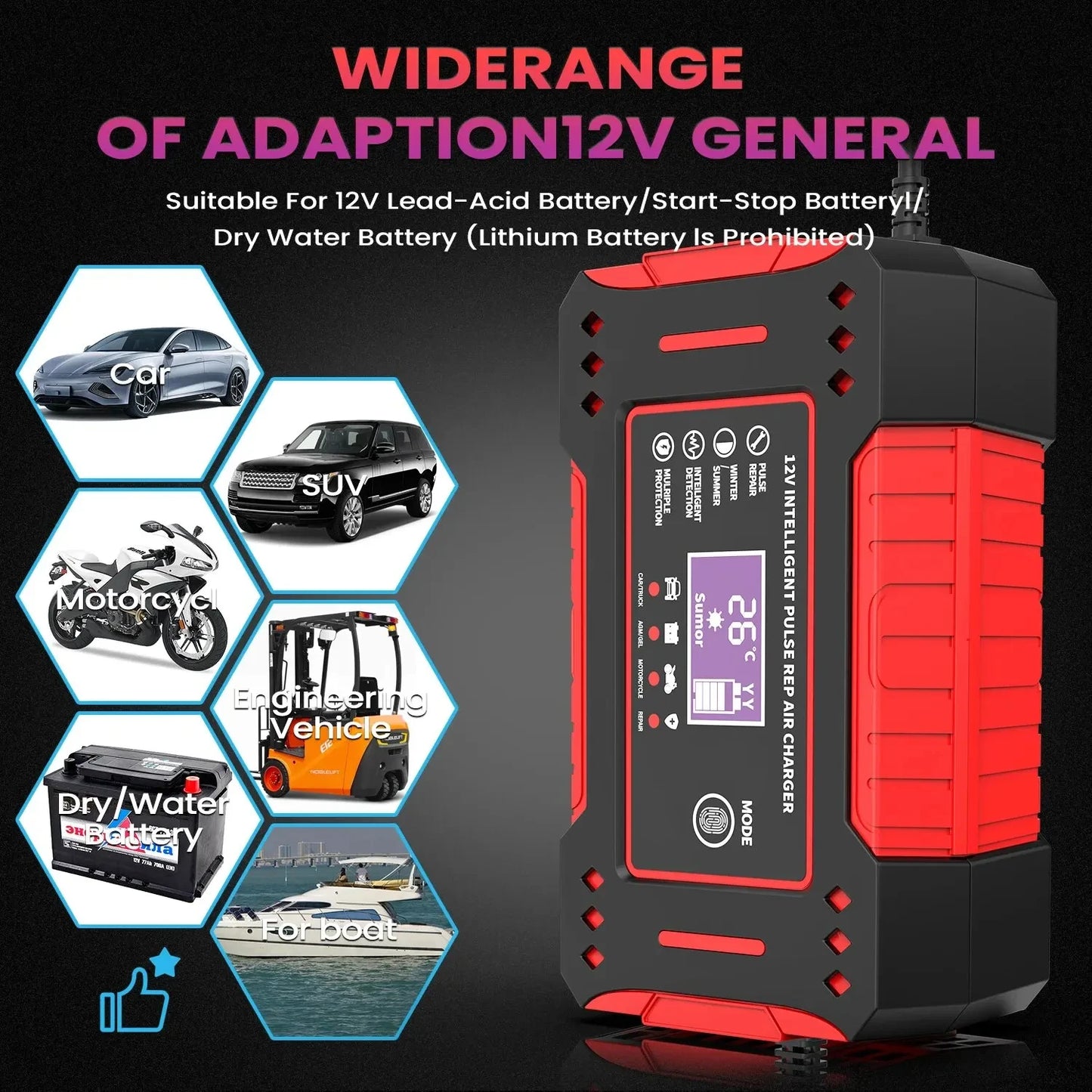 12V Intelligent Car and Motorcycle Battery Charger with LCD Display for Lead-Acid Battery Maintenance and Repair