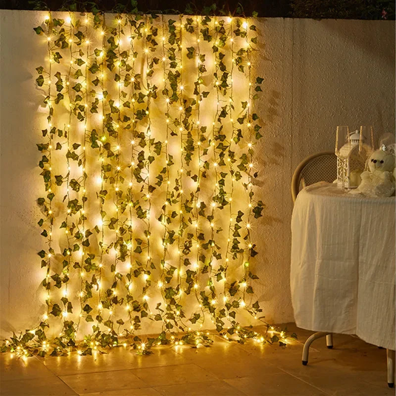 Artificial Flower and Green Leaf String Lights - Battery-Powered Fairy Lights for Home Decor and Wedding Garland