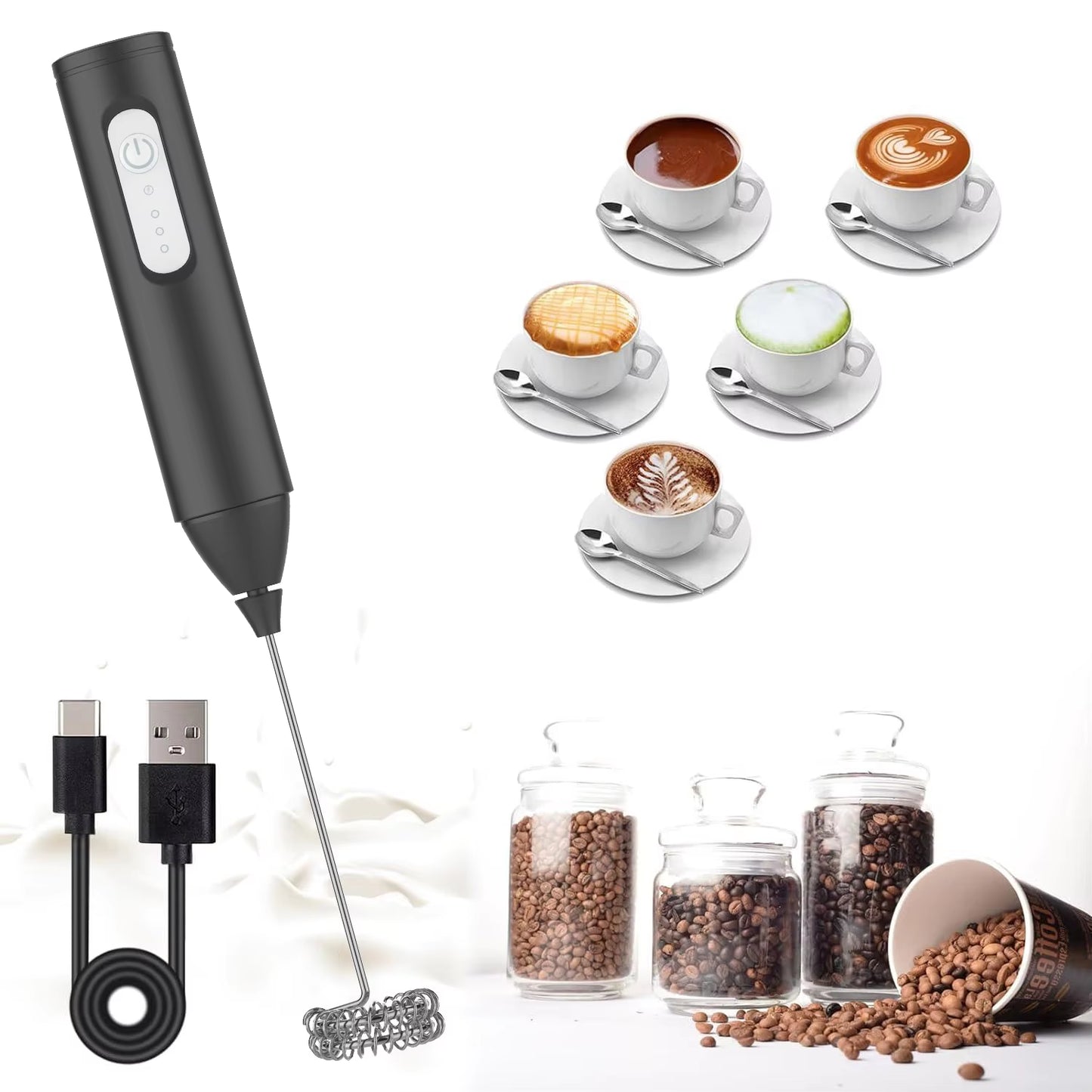 USB Rechargeable Mini Milk Frother with 3 Speed Settings - Electric Foam Maker and Whisk for Coffee and Eggs