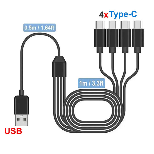 USB C Multi-Charging Splitter Cable with USB A/C to Type C Connectivity and Four Type-C Connectors for Mobile Devices and Tablets