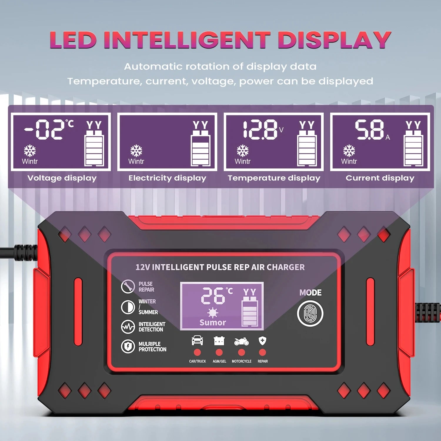 12V Intelligent Car and Motorcycle Battery Charger with LCD Display for Lead-Acid Battery Maintenance and Repair