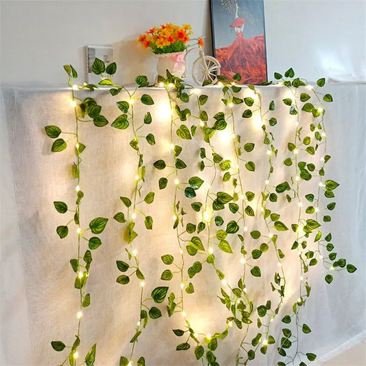 Artificial Flower and Green Leaf String Lights - Battery-Powered Fairy Lights for Home Decor and Wedding Garland