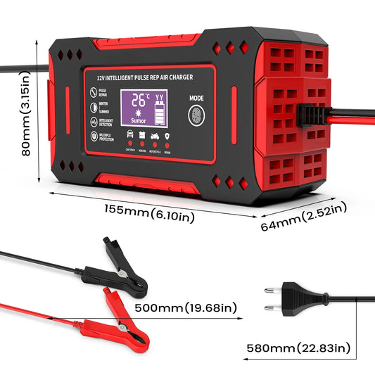12V Intelligent Car and Motorcycle Battery Charger with LCD Display for Lead-Acid Battery Maintenance and Repair