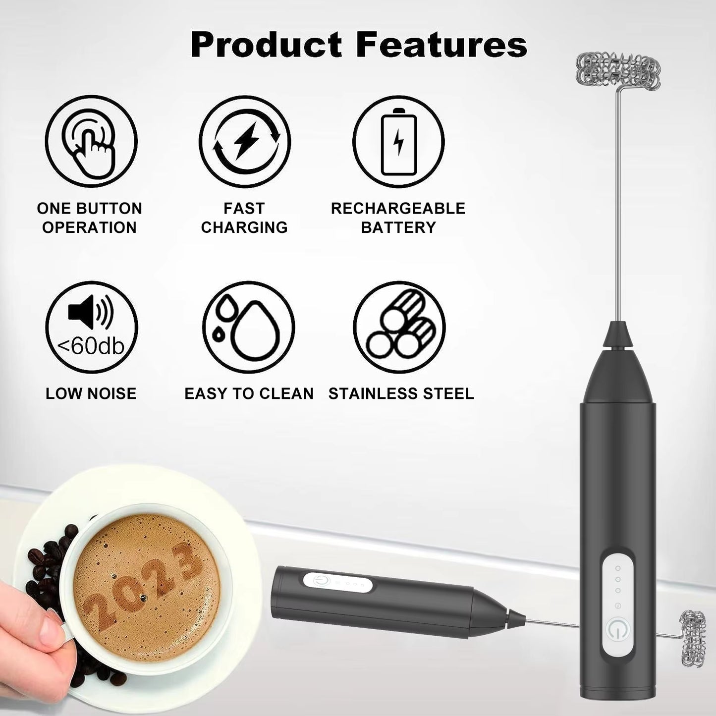USB Rechargeable Mini Milk Frother with 3 Speed Settings - Electric Foam Maker and Whisk for Coffee and Eggs