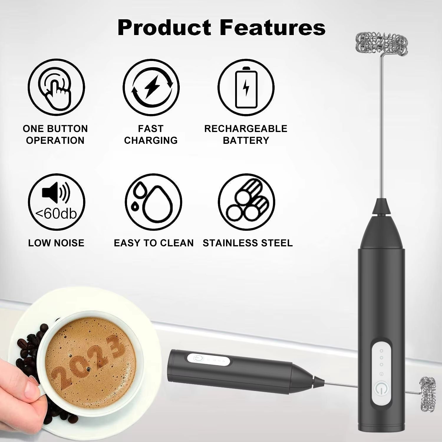 USB Rechargeable Mini Milk Frother with 3 Speed Settings - Electric Foam Maker and Whisk for Coffee and Eggs