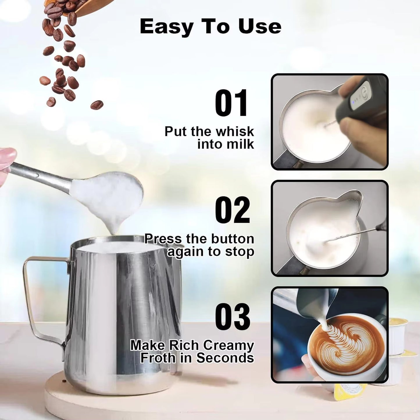 USB Rechargeable Mini Milk Frother with 3 Speed Settings - Electric Foam Maker and Whisk for Coffee and Eggs