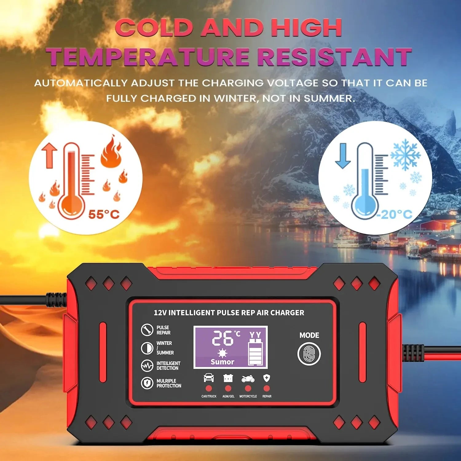 12V Intelligent Car and Motorcycle Battery Charger with LCD Display for Lead-Acid Battery Maintenance and Repair