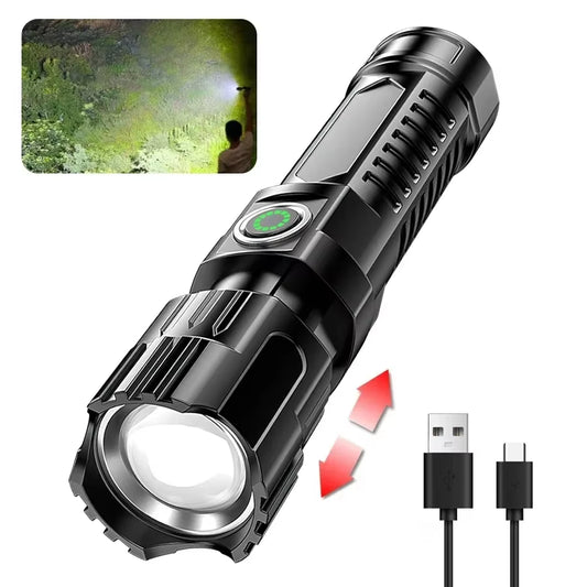 High-Power 2000LM Tactical LED Flashlight with Display Light and USB Charging for Camping, Fishing, and Emergency Use