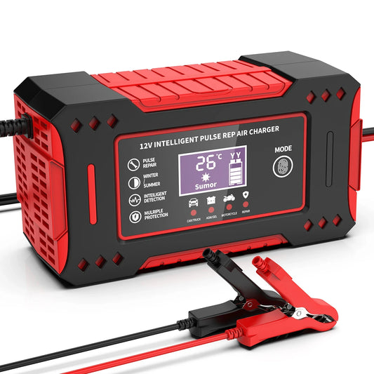 12V Intelligent Car and Motorcycle Battery Charger with LCD Display for Lead-Acid Battery Maintenance and Repair